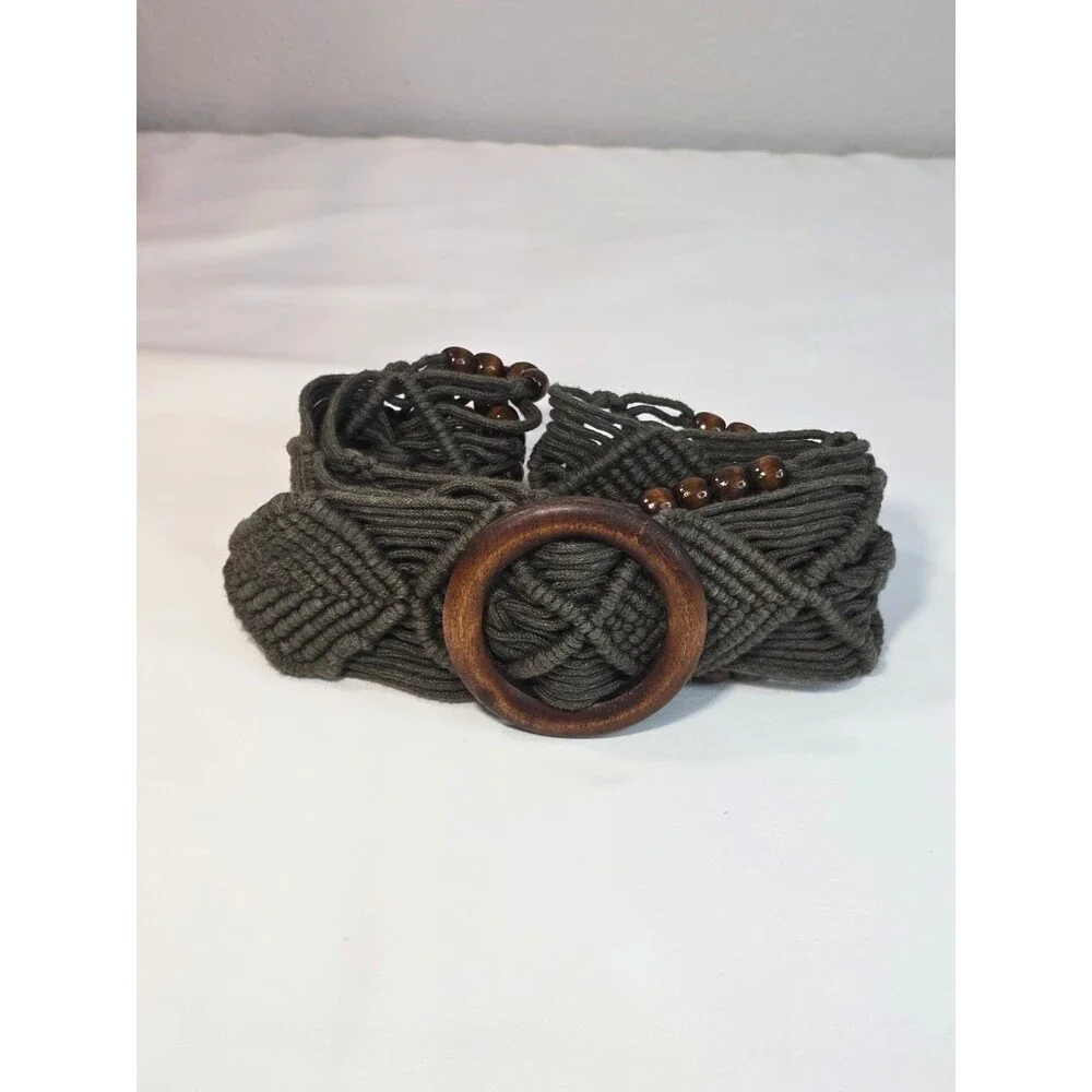 Women's Boho Macrame Rope Belt Brown with Wood Beads & Buckle Y2K